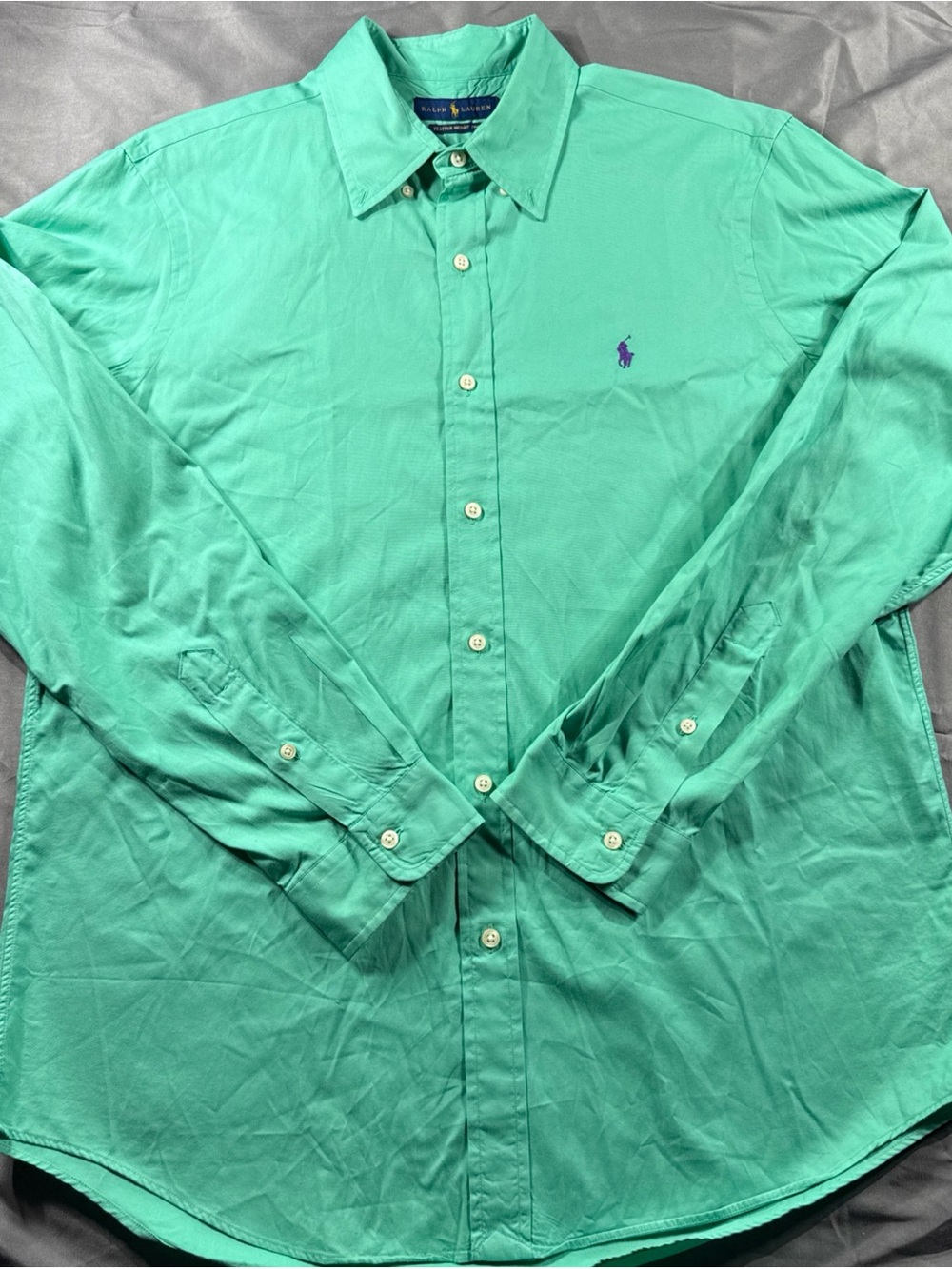 Ralph Lauren Men's Mint Green Feather Weight 
Button-Down Shirt with Purple Pony